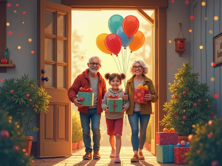 The door of the house is open, And the uncles and aunts come in smiling, holding balloons and colorful presents.