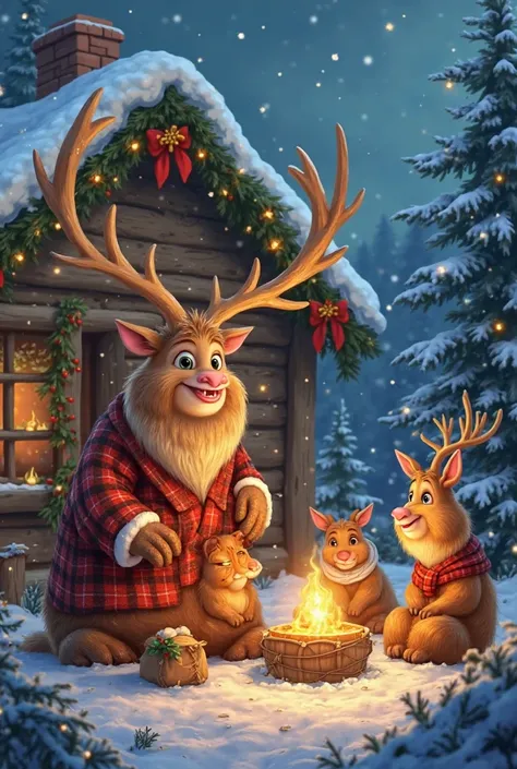 create cartoon illustrations, wide view, high defination,4k, Great Highland wild animals Haggis, A cozy Haggis village decorated...