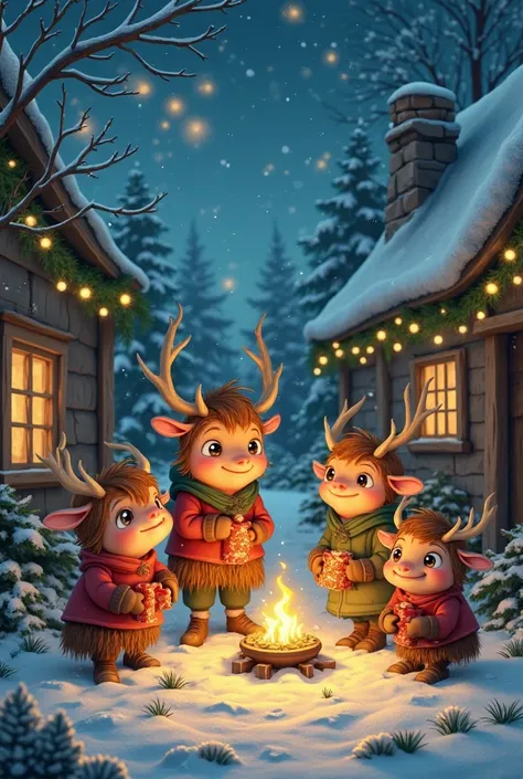 create cartoon illustrations, wide view, high defination,4k, wild animals Haggis and their families, A cozy Haggis village decor...