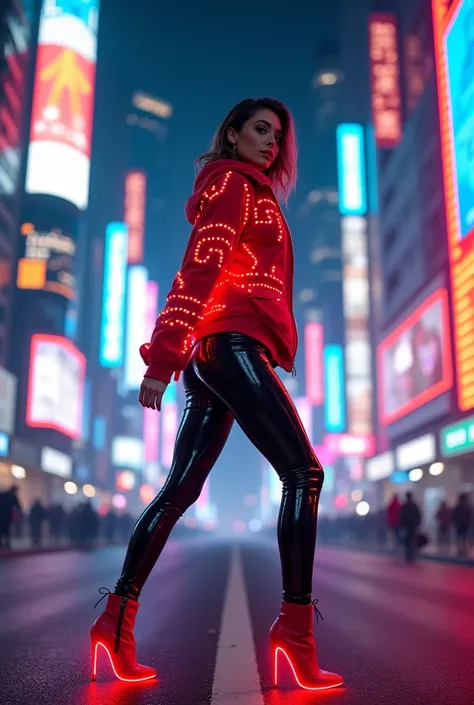 A stylish woman poses on a neon-lit street, her red jacket radiating with LED patterns and her black leggings shimmering under t...