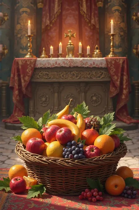 A basket full of fruit in front of the altar