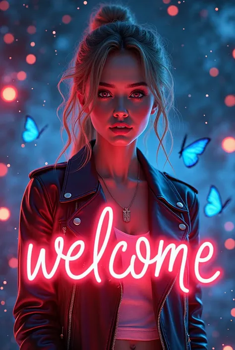 Créer moi un stickers avec le mot Welcome de style neon rouge en premier plan. Avec une femme de do avec une veste en cuir
Avec...