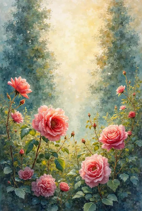"A breathtaking watercolor painting of a lush rose garden in full bloom, inspired by the delicate brushwork of Claude Monet and ...