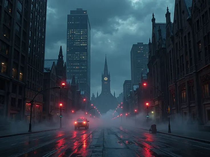 A modern dark city at night under heavy rain, neon lights reflecting on wet asphalt, tall glass skyscrapers mixed with old gothi...