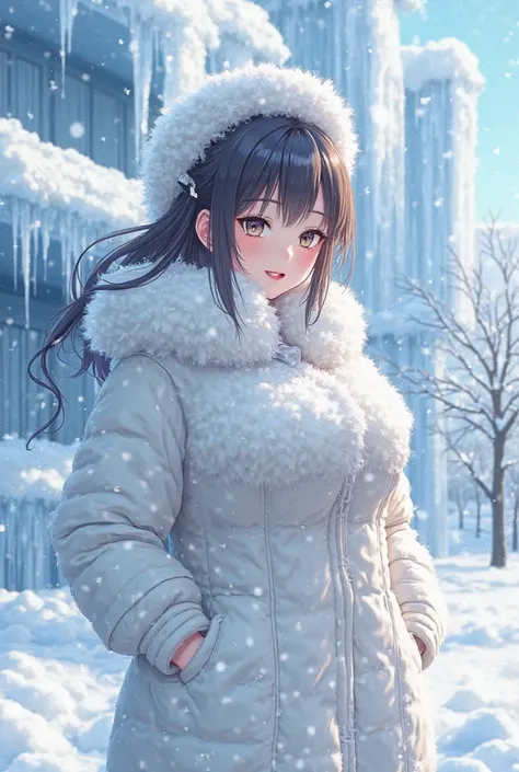 Big breasted girl、You can tell even if you're wearing a thick sheepskin coat, icicicles grow on the bulge of your chest、A pictur...