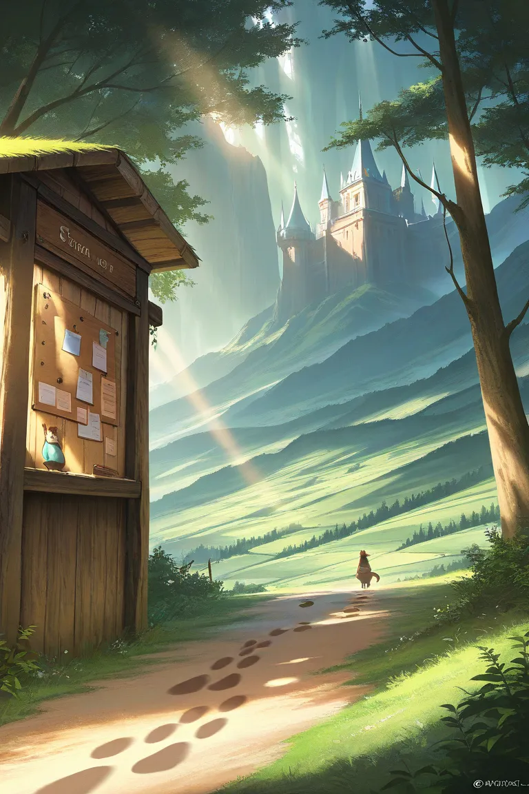 masterpiece, best quality, landscape only, highest resolution, big wooden bulletin board, fantasy, fairytale, many animal footp...