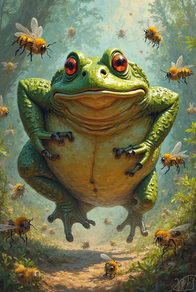 A large frog in distress, jumping wildly, surrounded by angry bees, chaotic scene.