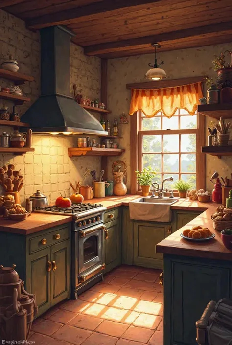 Imagine a cozy kitchen with wooden countertops, warm lighting, and a small stove in the corner. The kitchen is filled with the i...