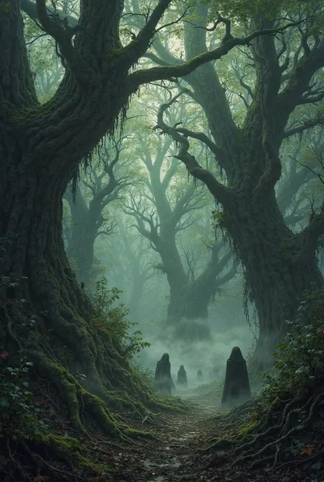 heay forests with husge trees, make it creepy woods and dark forest