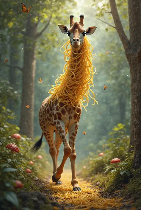 A picture of a giraffe with carbonara spagetti neck running through foresr