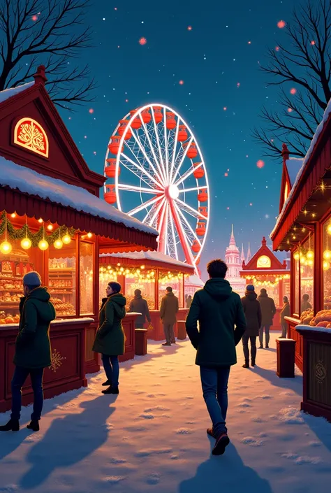 Magnificent Christmas market, completely deserted, with a magnificent carnival and a Ferris wheel in the distance, there would b...