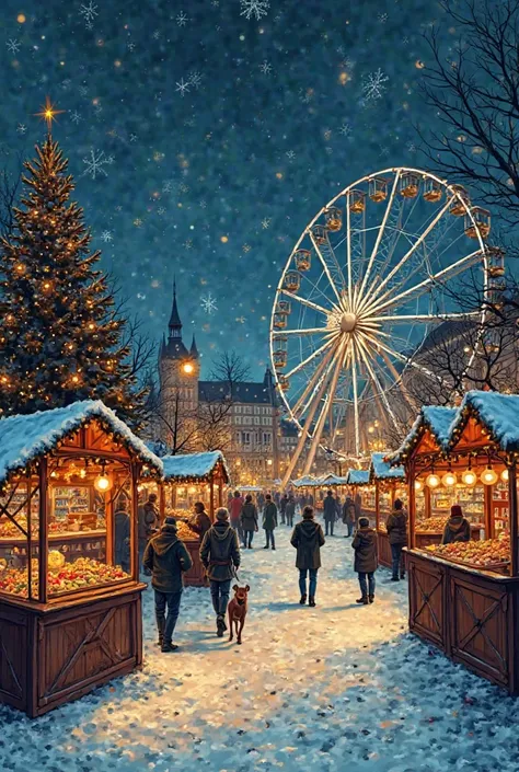 A magnificent Christmas market with a magnificent celebration, London fairground and a Ferris wheel in the distance. Io in a gra...