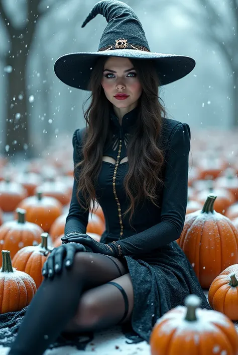 A witch in stockings against a pumpkin background sits on a snowstorm with crossed legs
