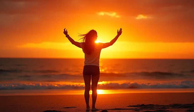 A person on the sand facing the sea, with both hands up, watching the sunset, but very far from the image. An image with a lot o...