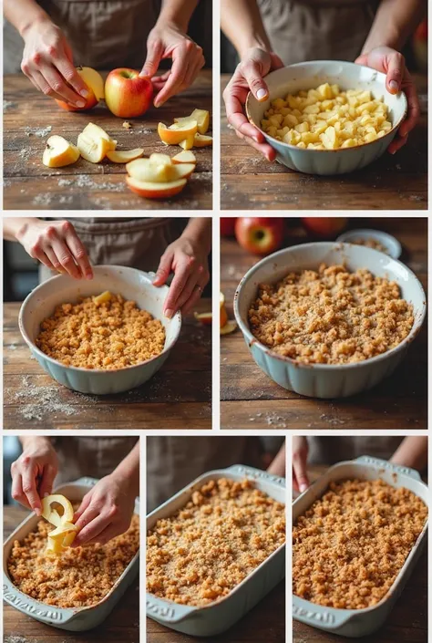 "A step-by-step collage showing hands peeling apples, mixing the crumble topping, and spreading it over the fruit in a baking di...