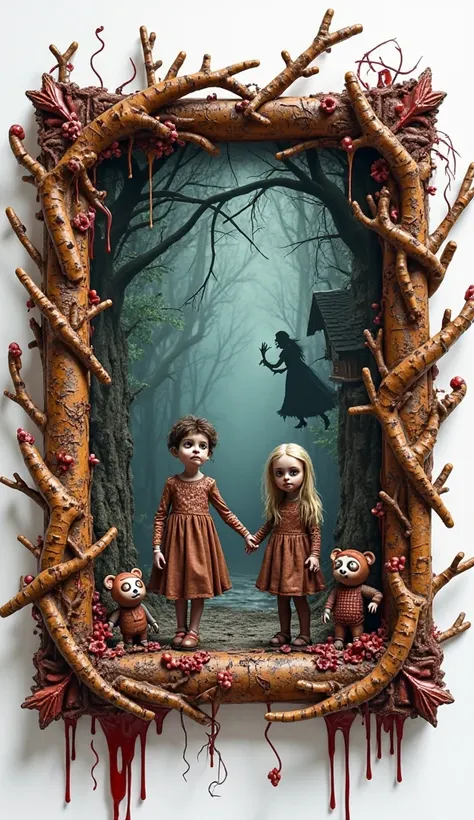 A dark and twisted frame in a horror style, inspired by a nightmarish, adult version of Hansel and Gretel. The frame is construc...