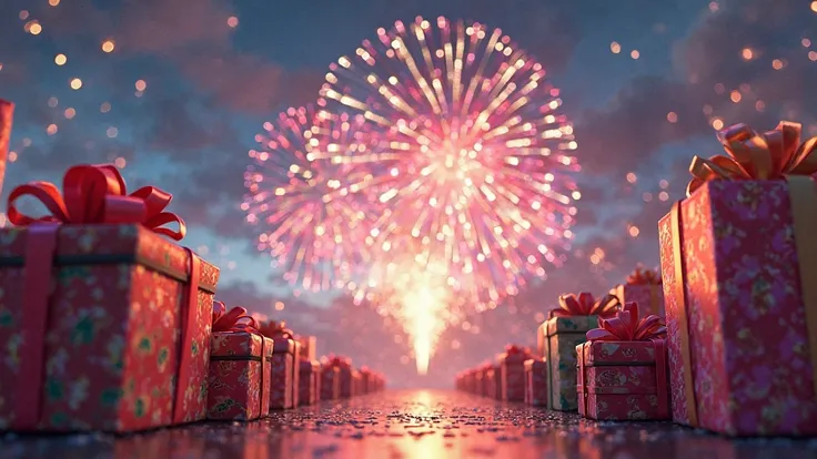 Gifts on the main background on the sides of the fireworks without people