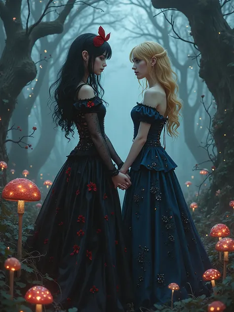 Create a vivid and detailed scene of Snow White and Cinderella, beautiful and sensual, revisited in a modern gothic and emo aest...