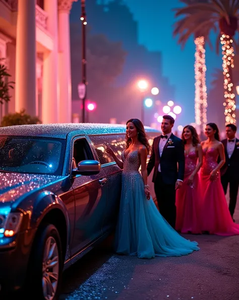 A glamorous shot of a stretch limousine parked near a prom venue with vibrant lighting around, s in prom dresses and tuxedos exi...