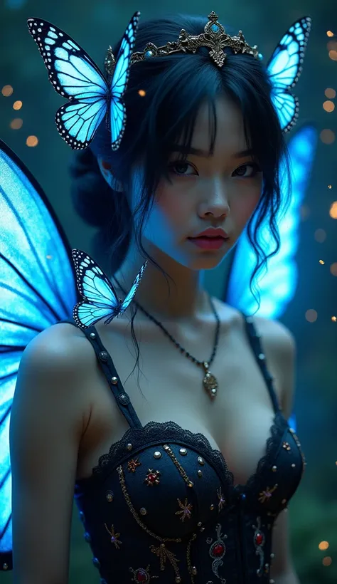 A captivating butterfly fairy queen surrounded by glowing blue butterflies in a mystical, dark atmosphere. She has delicate, tra...