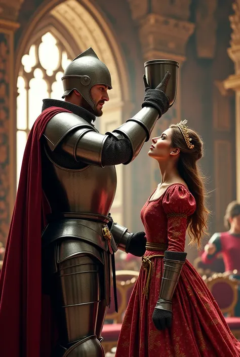 Create me a picture of a knight, that of a princess, Throw a glove in the face