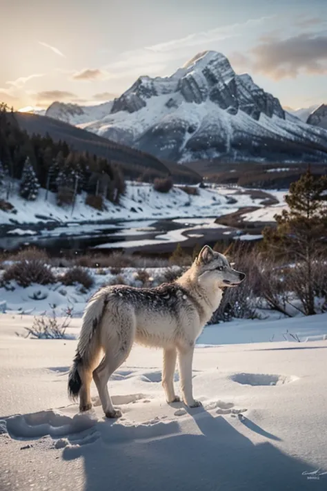 A majestic arctic wolf, silhouetted against a vibrant sunset, stands proudly on a snow-covered rocky outcrop.  The wolf's fur gl...