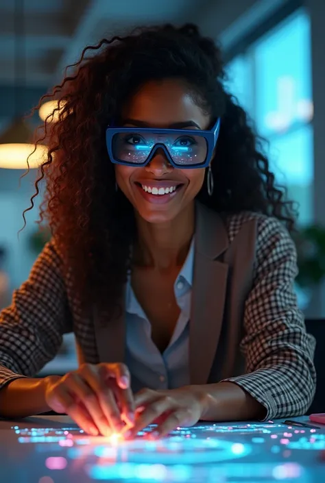 Une belle femme noir et souriante cheuvux un peu long , Une disigner graphiste très belle en train de faire un visuelavec ces ...