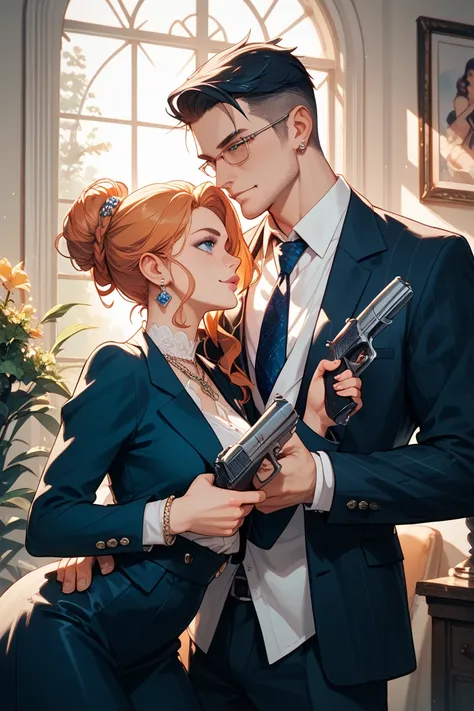 Picture of Radha wearing a suit and carrying a handgun