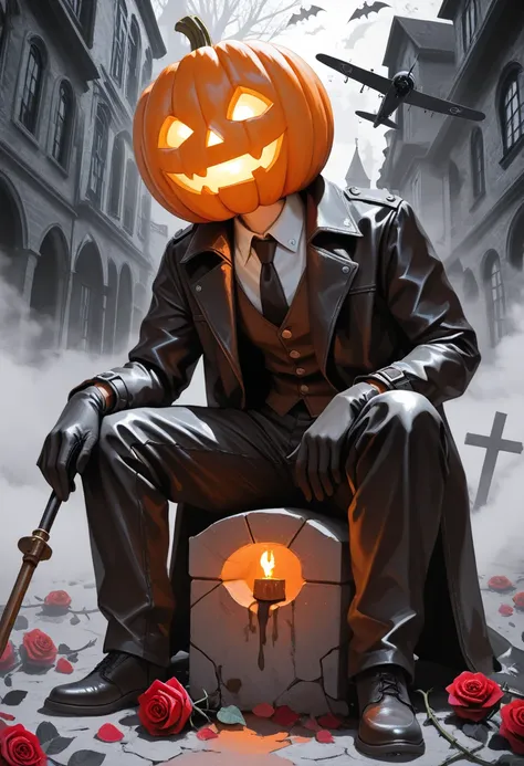 man with a pumpkin head((abobora, realista, halloween, laraja)), wearing a leather overcoat, uma, Holding a red rose, position: ...