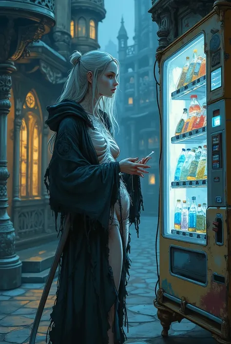 A gorgeous lady death (sexy woman, pale, pale hair, semi translucent body, skeleton visible through body, tattered black robe, l...