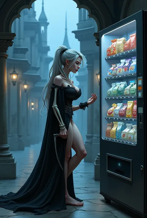 A gorgeous lady death (sexy woman, pale, pale hair, semi translucent body, skeleton visible through body, tattered black robe, l...
