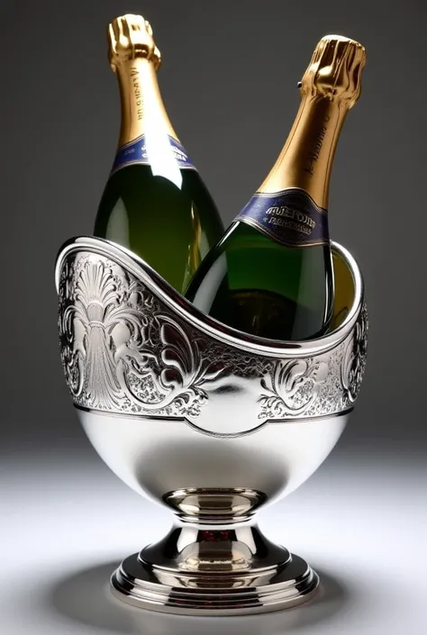 a silver bowl for cooling champagne bottles with ice, decorated with carvings.