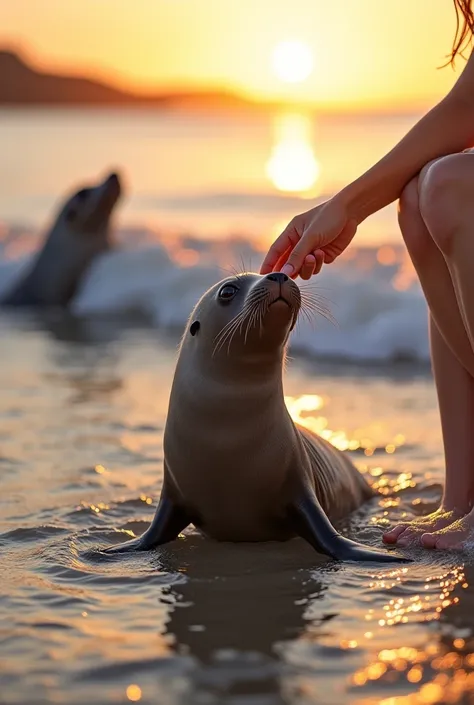 A kind person gently carries a baby seal back to the ocean, carefully releasing it into the shallow waves. The baby seal looks r...