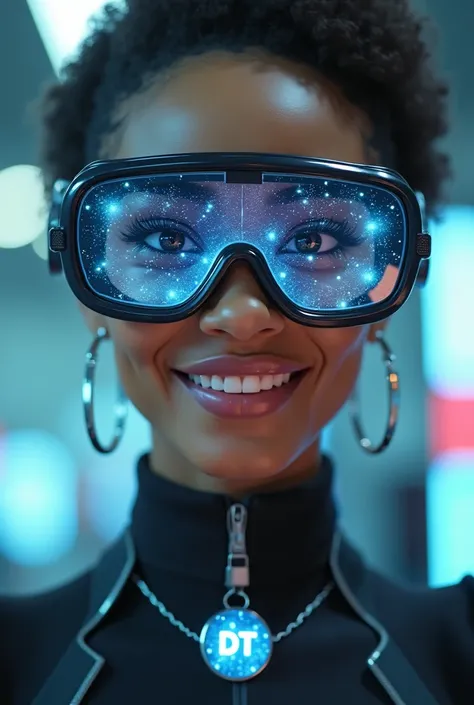 The model is wearing a futuristic ultra-modern glasses with digital technology from the brand 'DT', beautiful and smiling afrowo...
