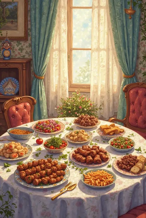 "A whimsical Disney-style illustration of a table filled with an assortment of Turkish dishes, such as Adana kebabs, lamb kebabs...