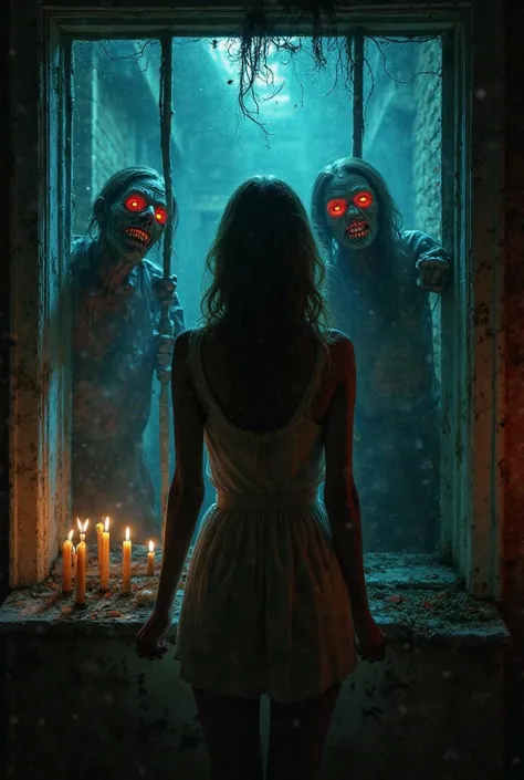 "A beautiful woman is inside a haunted house, surrounded by eerie darkness. Outside the windows, terrifying zombies with glowing...