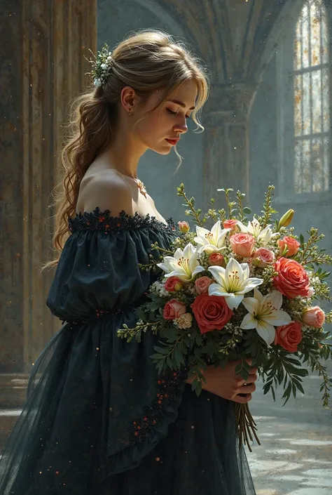 Princess with bouquet of flowers at prince funeral