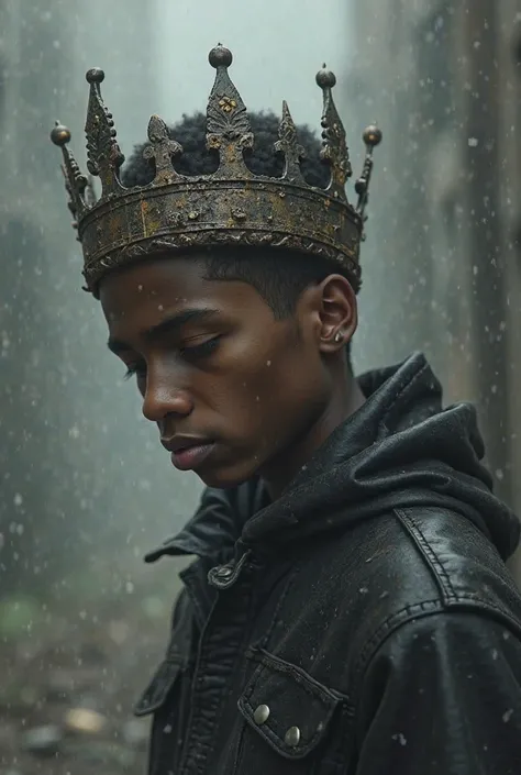 A rap album cover where a boy looks down with an old crown on his head and the background is grey