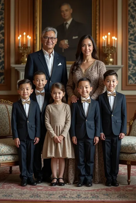Make a family photo of 6 boys and a girl, 1 and her parents who are about 50+ and in an adult state around the age of 30+ (Wealt...