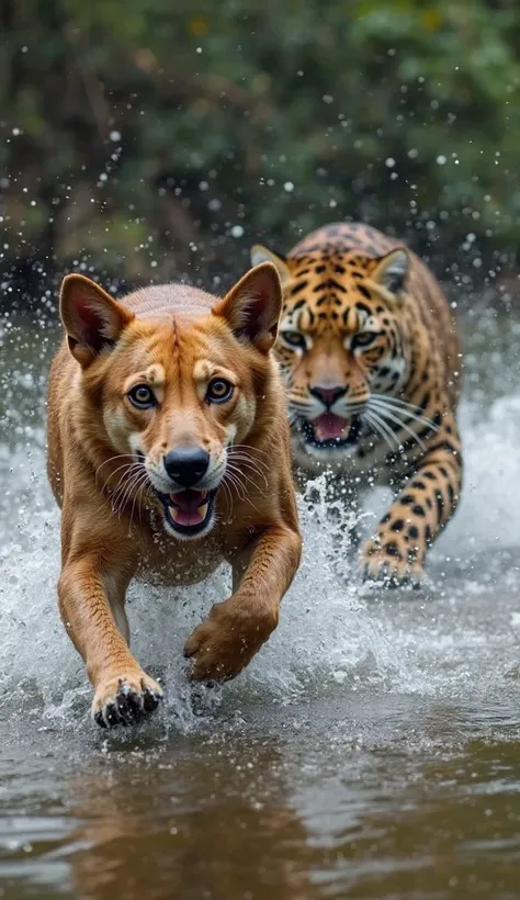 Dog in sheer desperation rushes through the water of a river, struggling to escape a ferocious jaguar that stalks him up close. ...