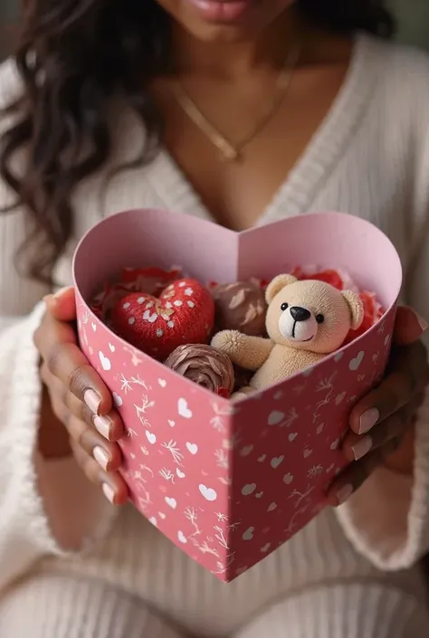 **"Record a natural and realistic video of unboxing a decorative heart-shaped gift box. The footage must be fluid, without exagg...