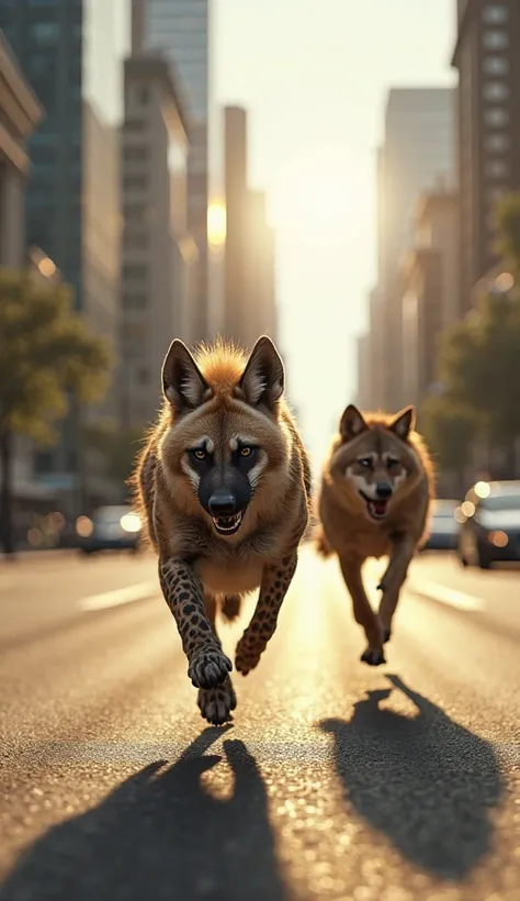 "Create a highly detailed, realistic image of two animals – a hyena and a wolf – running in fear through a modern city street. T...