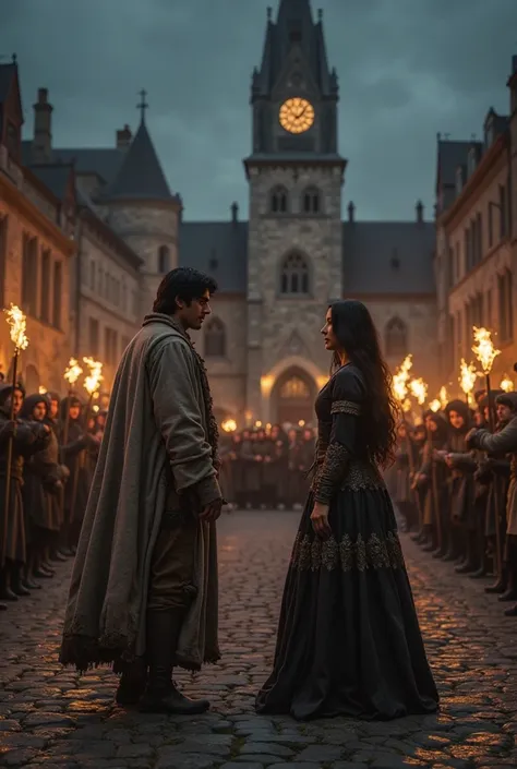 dark medieval scene in a public square at night, illuminated only by crackling torches that cast dancing shadows on the environm...