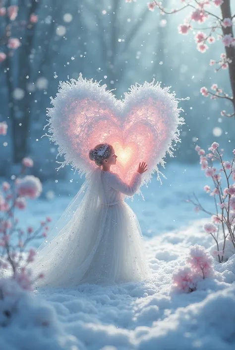 A heart born among snowflakes or a flower sprouting from the ice (beginning of love).