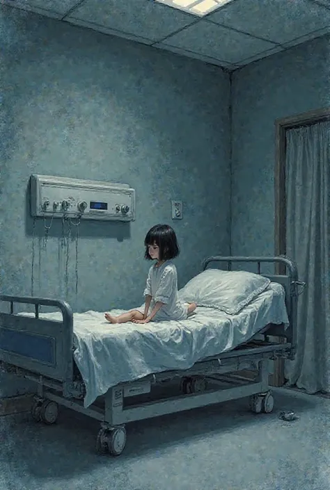 Generate an image of a young white girl with short black hair, without bangs, Sitting on a bed in the hospital for heart problem...