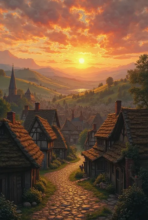 Landscape of a medieval village at sunset and far away an army of men ready to fight