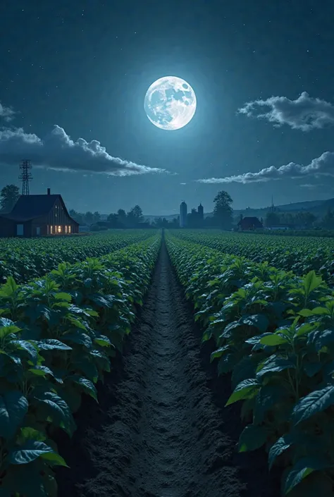 Generate an image of a farm at night with movements a bean plantation farm at night with a full moon