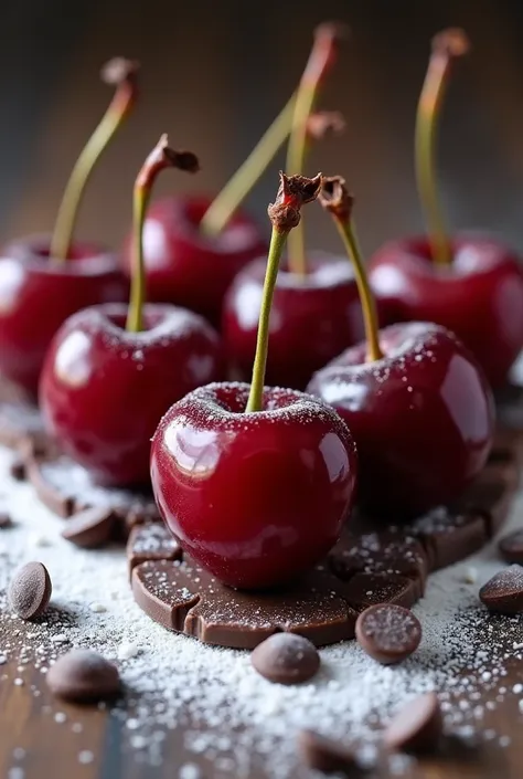 Create an image with 7 cherries half on top of the others and others lying on the side with chocolate chips on the front, those ...