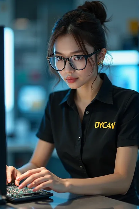 very beautiful girl, real, with lenses, hair up, good body, on a technical table, repairing an LED screen. with a black polo shi...