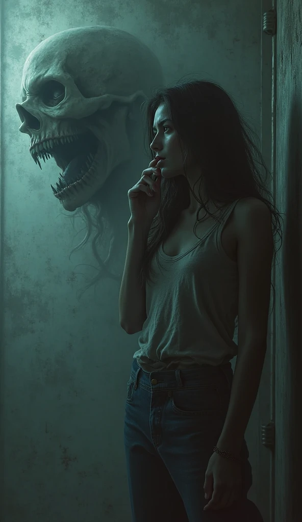 An abstract and dark image, representing the moment when the young woman hears the voice on the phone, and in the background, gh...